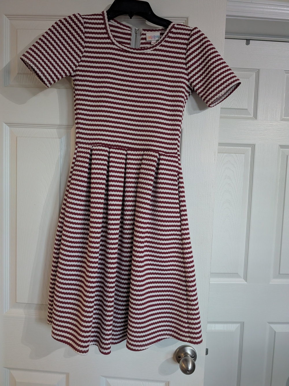 Juniors Burgundy and White Striped Fit-and-Flare Dress